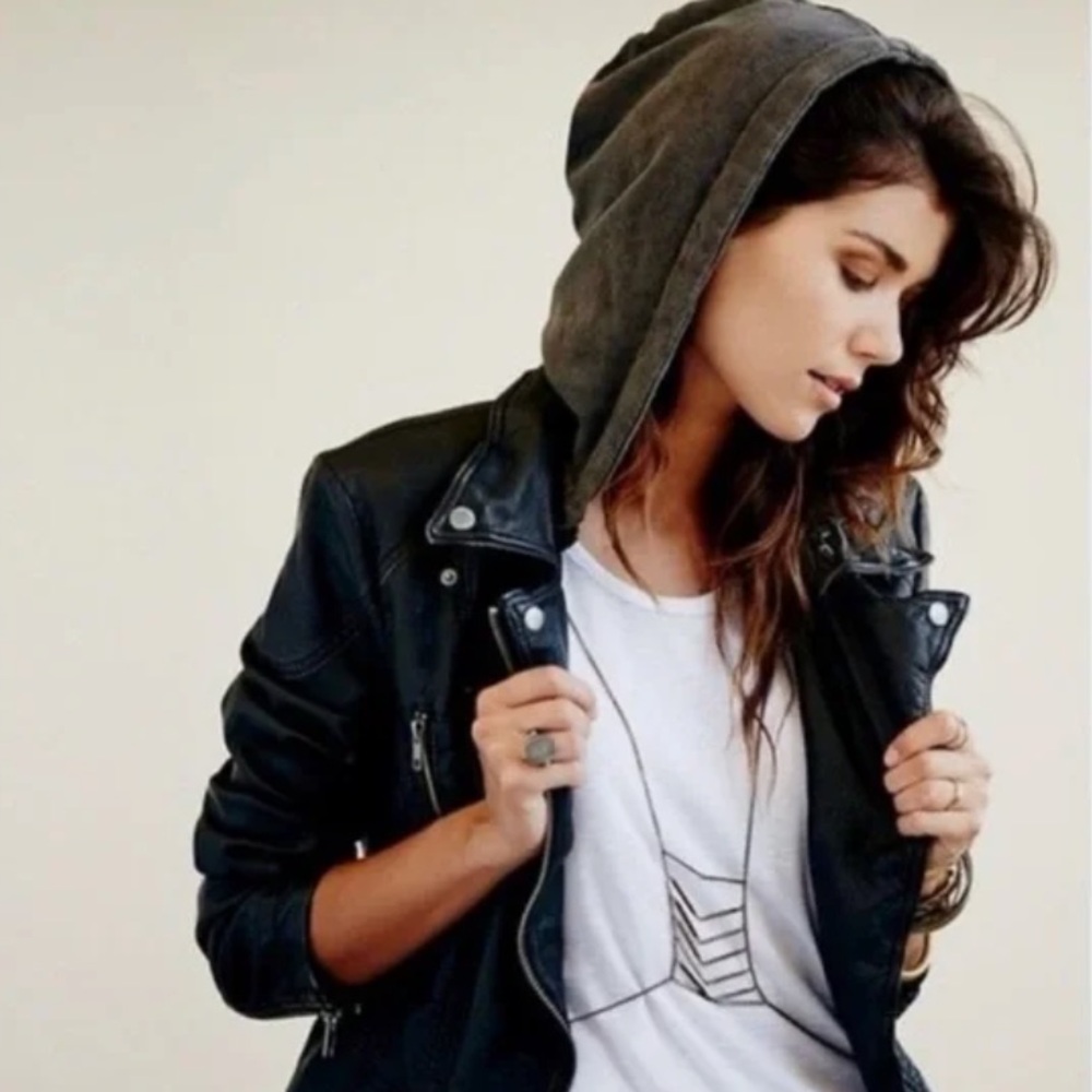 Free People | Women's Black Vegan Leather Jacket, zip front w/grey hood, size 8